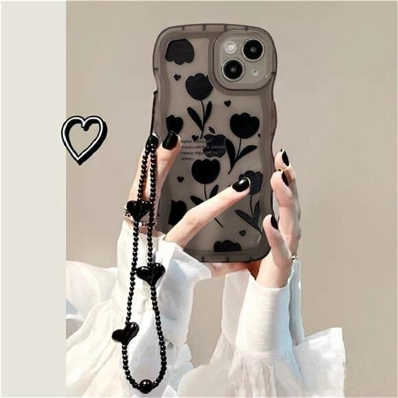 Cute Black Flower iPhone 11 14 13  Pro Pro Max Phonecase + Black Heart Chain - Picture 1 of 6